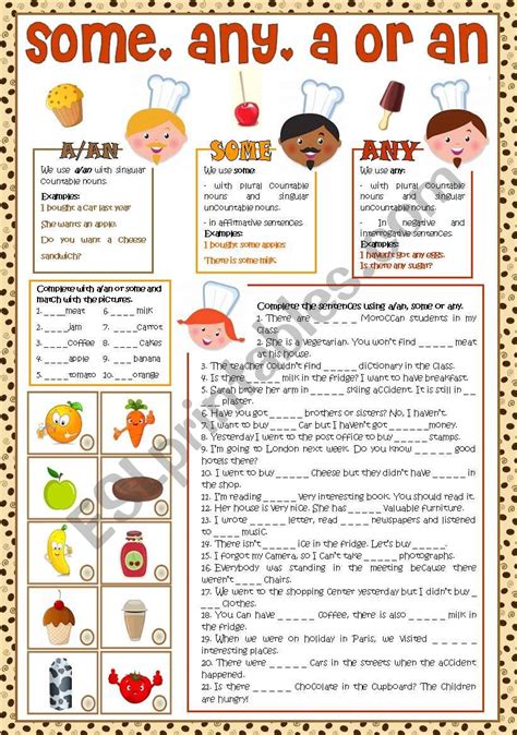 English worksheets: Some, Any, A/an