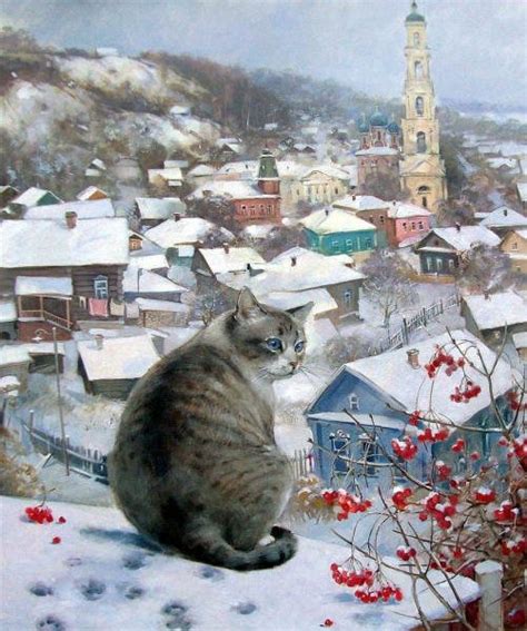 Winter Cat Paintings Ekaterina Shtuts Winter Town