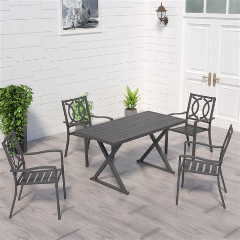 Ulax Furniture 5 Piece Outdoor Patio Dining Set Stackable Metal Chairs