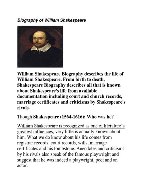 Short Biography William Shakespeare Pdf William Shakespeare