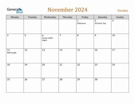Free November 2024 Sweden Calendar