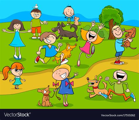 Cartoon Kids With Dogs In The Park Royalty Free Vector Image