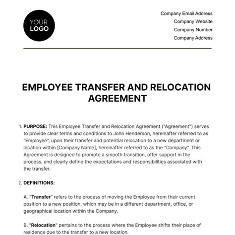 Employee Transfer And Relocation Agreement Hr Template Edit Online