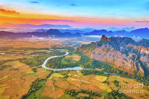 Aerial View Of The Fields River And Mountain Beautiful Landsca