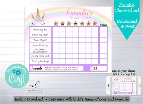 Editable Unicorn Reward Chart Unicorn Chore Tracker Girls Etsy My Xxx Hot Girl