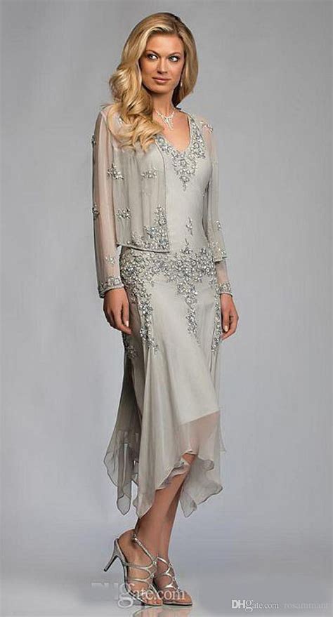 Gorgeous Silver Grey Chiffon Appliques Lace Tea Length Mother Of The Bride Dresses With Jacket