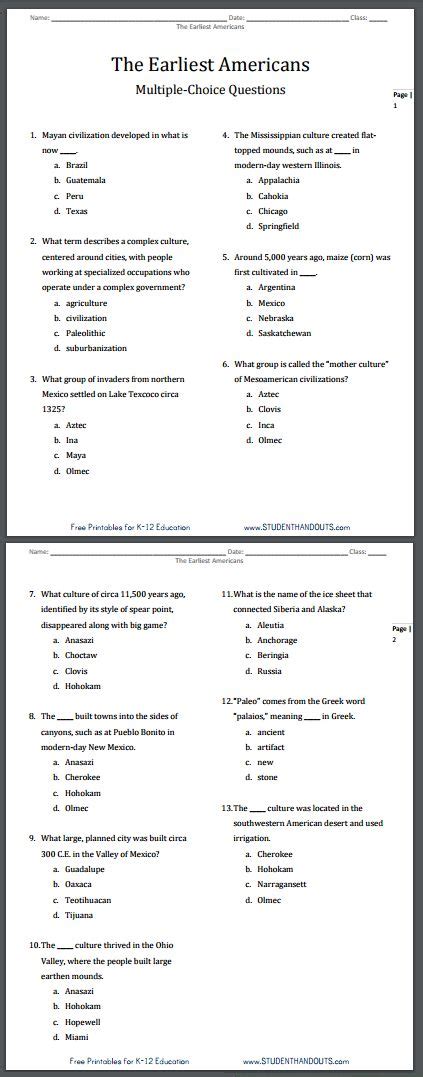 Here are the 8 best fun trivia questions and answers. Earliest American Cultures Printable Quiz | High school ...
