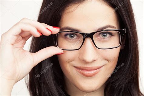 Eyewear Glasses Woman Closeup Portrait Beautiful Brunette Girl — Stock