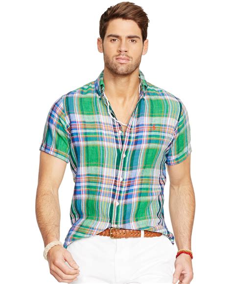 Polo Ralph Lauren Short Sleeved Plaid Linen Shirt In Green For Men Lyst