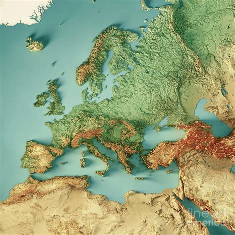 Europe Extended 3d Render Topographic Map Color Digital Art By Frank