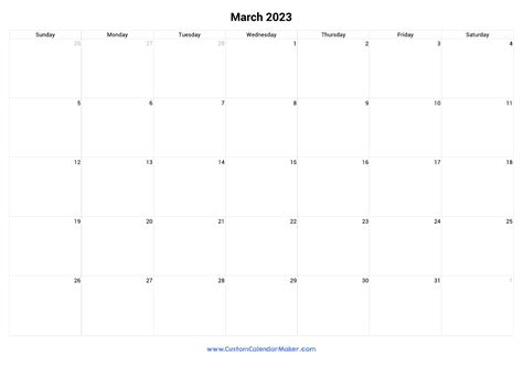March 2023 Landscape Calendar With Large Boxes