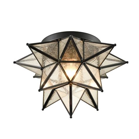 Black Moravian Star Flush Mount Ceiling Light With Seeded Glass 15