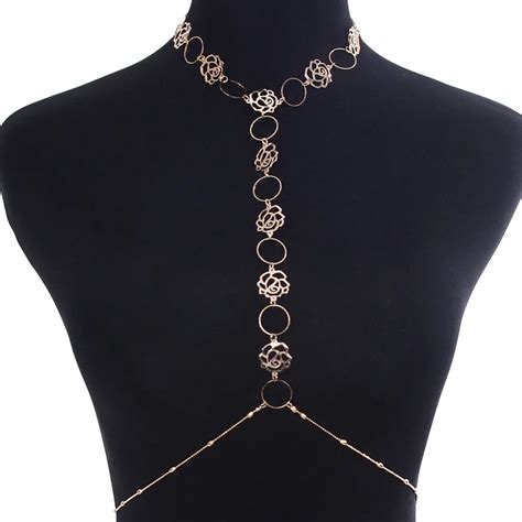 new sexy jewelry gold color hollow rose flower body chains for women ladies chest chain bikini