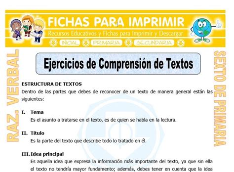 Ejercicios De Comprensión De Textos Para Sexto De Primaria Fichas