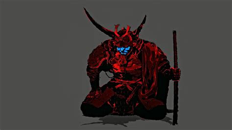 Wallpaper 1920x1080 Px Blue Mask Minimalism Red Samurai