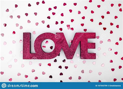 Dark Red Sign Love And Glitter Heart Confetti Valentine Day Concept