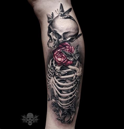 Many people link skeleton tattoo with the death. Skeleton With Pink Rose & Moths