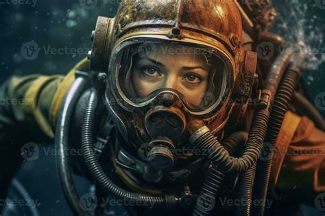 Woman Scuba Diving In The Deep Ocean Exploring An Underwater Shipwreck And Revealing The Sense