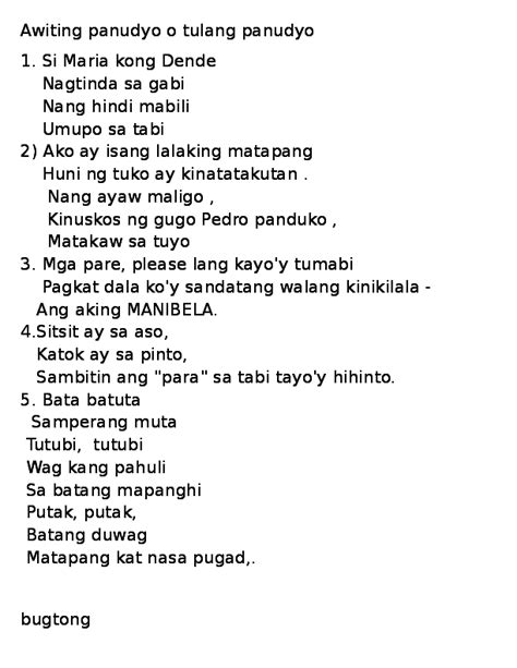 Halimbawa Ng Tulang O Awiting Panudyo Halimbawange