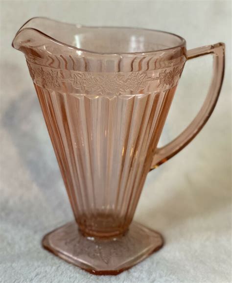 Antique Depression Glass Ribbed Pitcher Blush Pink With Etched Flowers Art Deco Antique Price