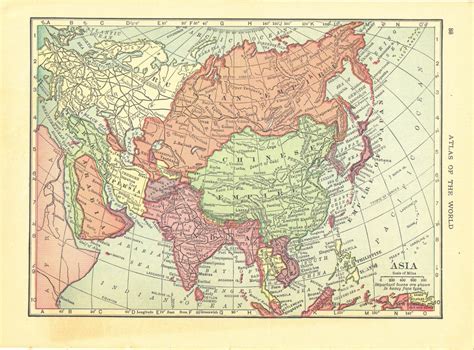 1914 Vintage Atlas Map Page Asia On One Side And Russia In Europe On