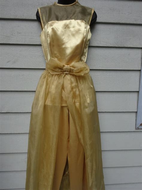 Stunning Vintage Womens Gold Satin Pants Suit By Thewordemporium