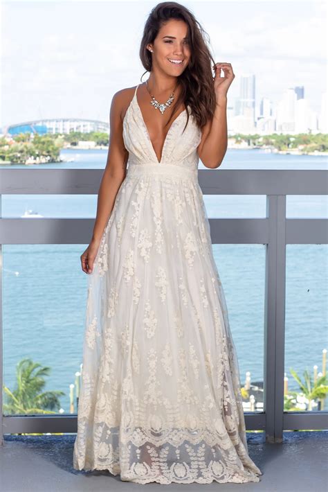 Cream Embroidered Maxi Dress With Criss Cross Back Maxi Dresses