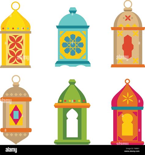 Set Of Arabic Lanterns Colorful Decorative Ramadan Lamps Icons