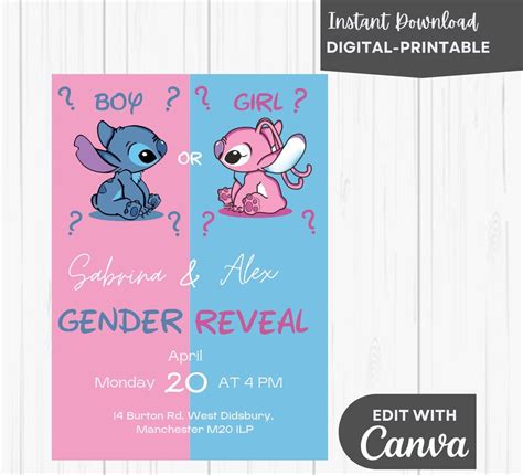 Stitch And Angel Custom Gender Reveal Digital Invitation Etsy