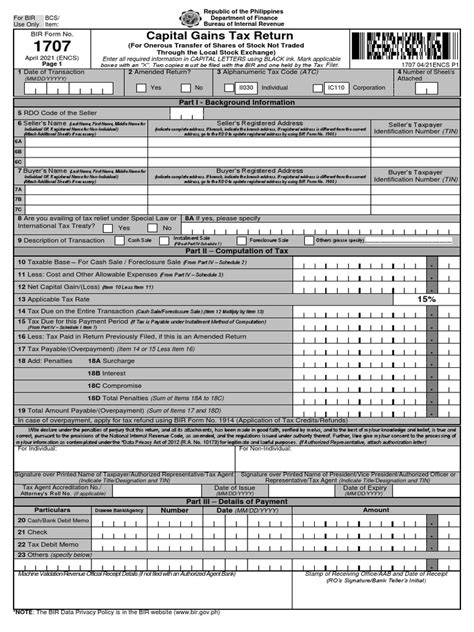 Bir Form 1707 Cgt Shares Of Stock Pdf Taxes Taxpayer