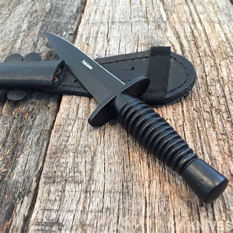 British Commando Dagger Black Tactical Hunting Knife W Leather Sheath