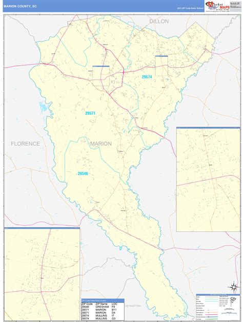 Marion County, SC Zip Code Wall Map Basic Style by MarketMAPS