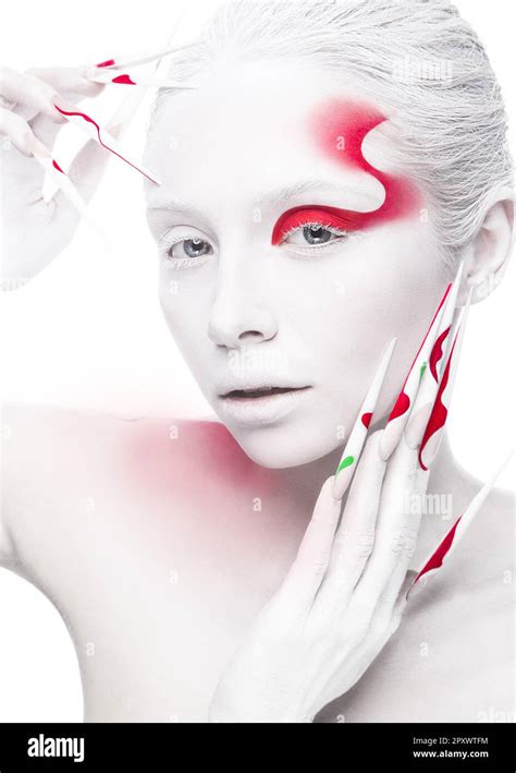 Art Fashion Girl With Long Color Nails White Skin And Red Paint On The
