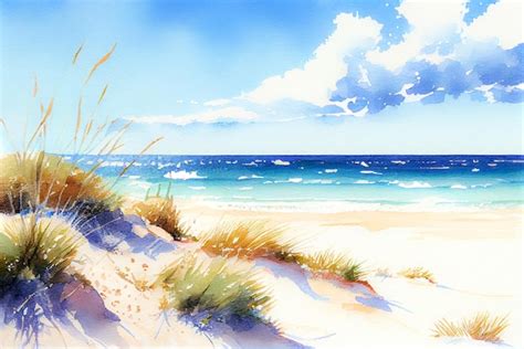 Premium Ai Image Beautiful Sandy Beach And Blue Sky Watercolor