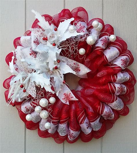 White And Red Christmas Wreath Wall Or Door Decor Poinsettias Bells