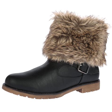 Ladies Womens Faux Fur Lined Collar Buckle Warm Pull On Winter Ankle