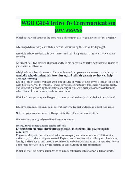 Wgu C464 Intro To Communication Pre Assess Questions And Answers Latest
