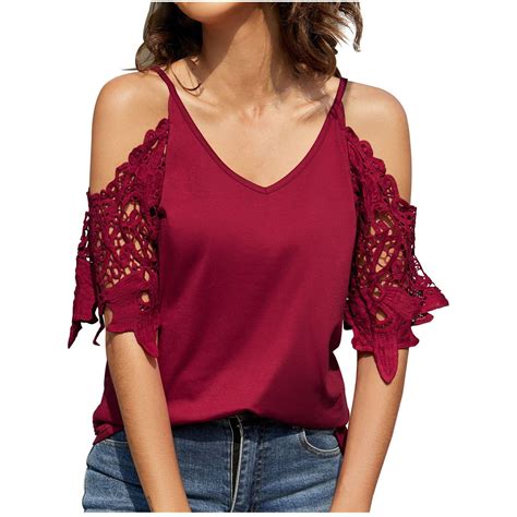 Jwzuy Womens Summer V Neck Cold Shoulder Tops T Shirts Cut Out Lace