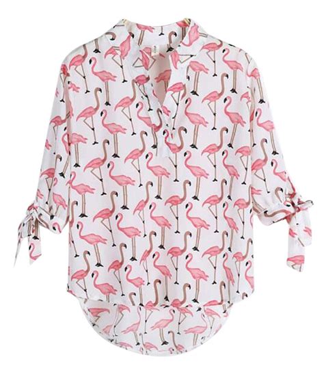 Womens Flamingo Print Shirt Top Fashion Elegant V Neck Shirt Blouse At