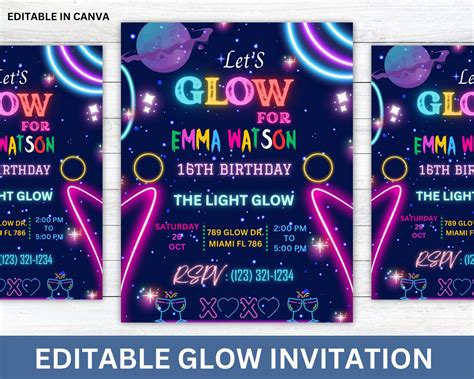 Editable Glow Party Birthday Invitation Glow Gender Neutral Etsy