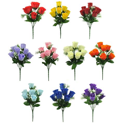 Flowering artificial plants without pots. ARTIFICIAL SILK FLOWERS ROSE BUD BUNCH 10 COLOURS Wedding ...