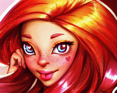 Girl Art Redhead Freckles Fantasy Ayyasap Heart Blue Eyes Pink Hd Wallpaper Peakpx