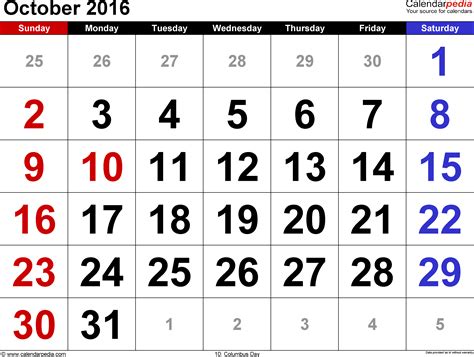 October 2016 Calendars For Word Excel And Pdf