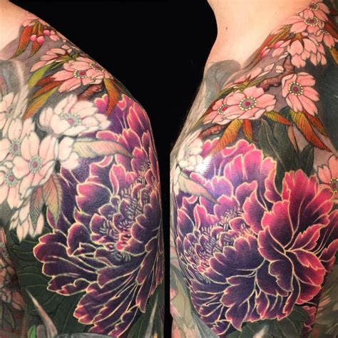 Cool Peony Tattoo With Some Cherry Blossoms Tattoos Japanese Flower