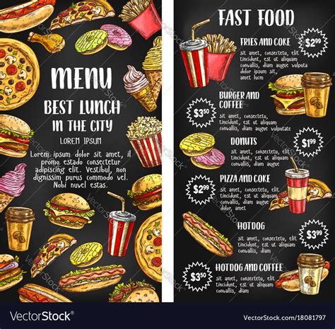 Requests for additional items or special preparation may incur an extra charge not calculated on your online order. Fast food restaurant menu banner on chalkboard Vector Image