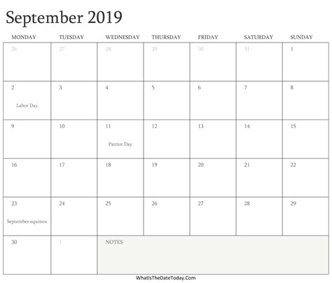 Editable Calendar September 2019 With Holidays Whatisthedatetodaycom