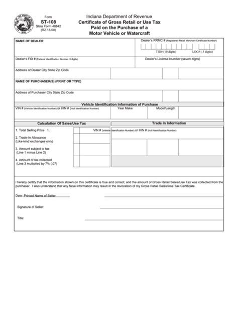 Fillable Certificate Of Gross Retail Or Use Tax Paid St 108 Indiana