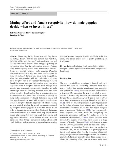Pdf Mating Effort And Female Receptivity How Do Male Guppies Decide When To Invest In Sex