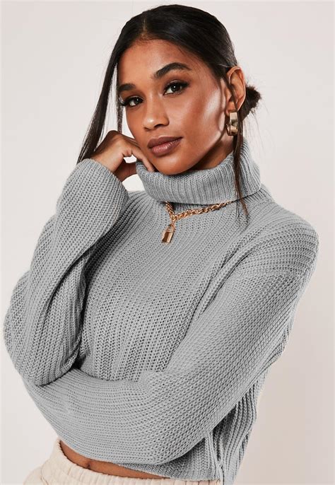 grey roll neck cropped knitted jumper missguided australia
