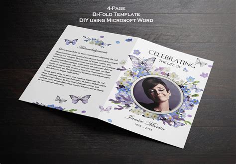 Forget Me Not Flowers And Butterflies Funeral Program Template Blue